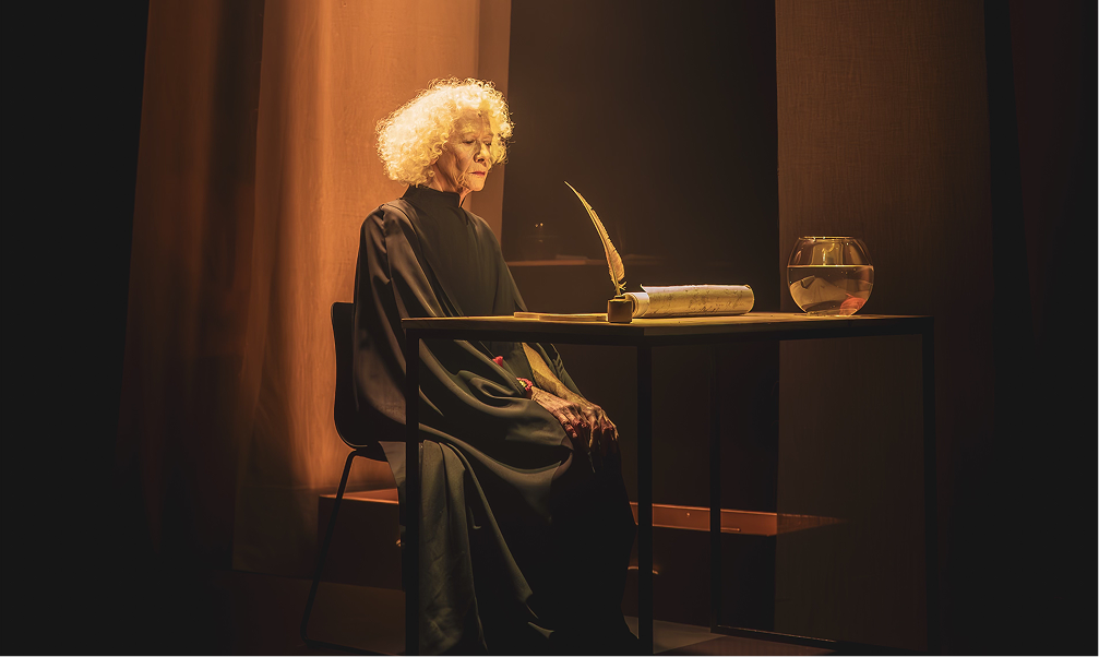 An elderly person with curly white hair sits at a table in soft lighting, wearing a dark robe. They face an open book with a quill, next to a fishbowl.