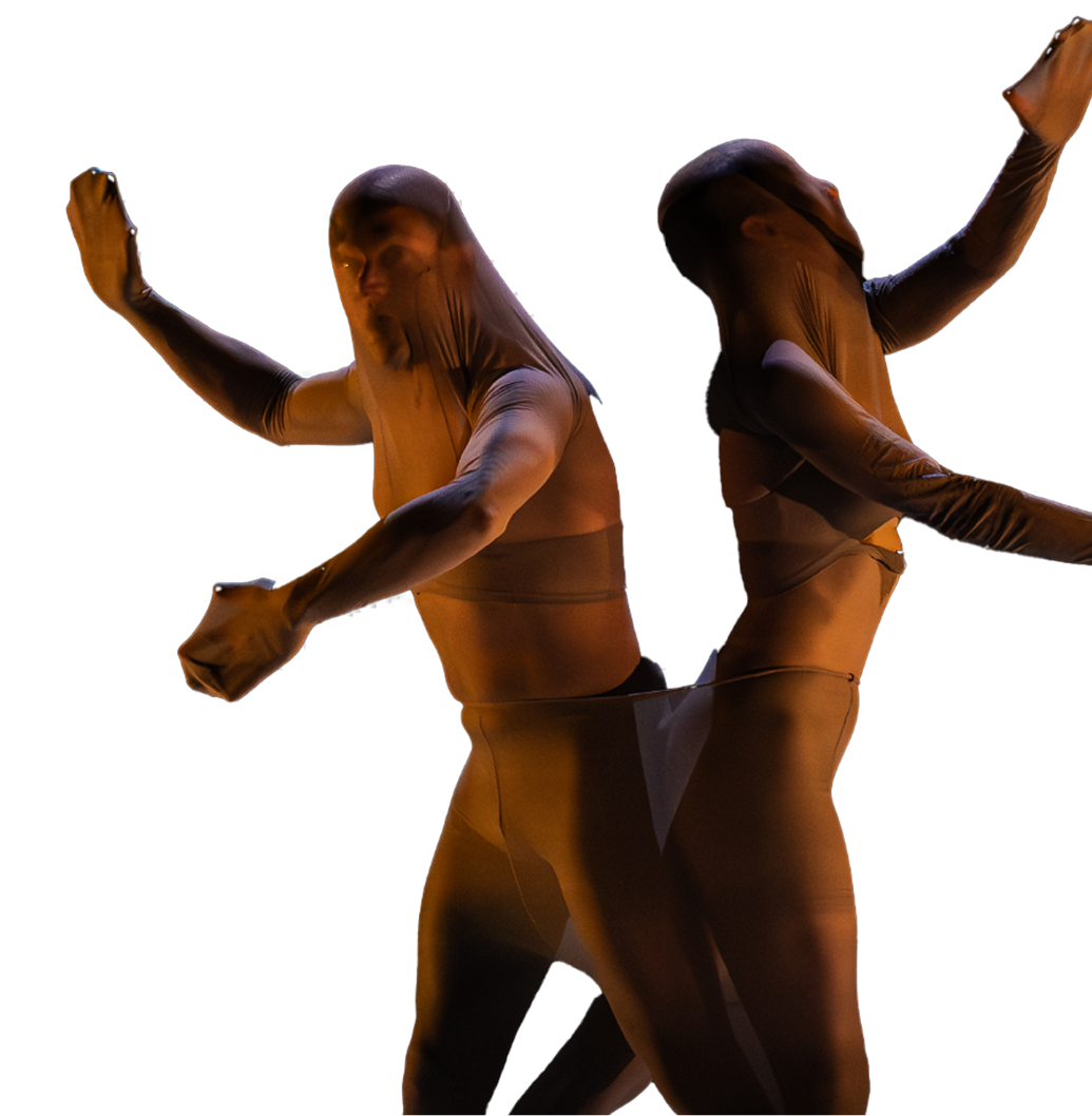 Two dancers entwined in beige stretchy fabric perform, creating abstract shapes against an orange backdrop, evoking a sense of fluidity and unity.