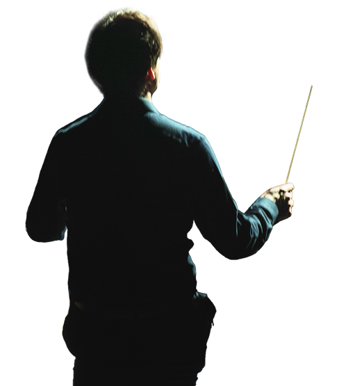 A conductor stands silhouetted against a black background, holding a baton in one hand, conveying a sense of focus and intensity.